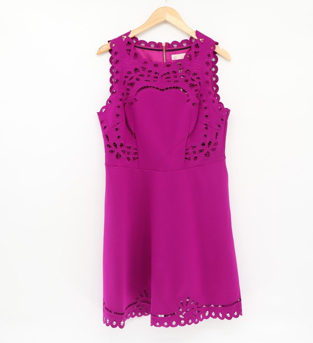 Ted Baker NWT Verony Embroidered Cut-Out Skater Sleeveless Dress Fuchsia Sz 5